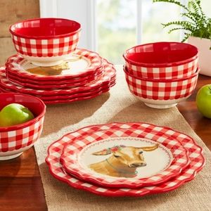 ❤️ New Pioneer Woman Red Gingham 12-Piece Dinnerware Set